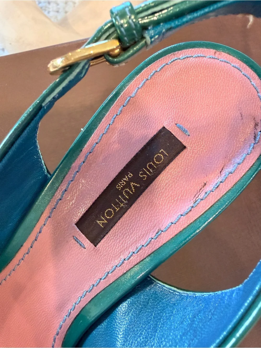 Louis Vuitton Teal Patent Pointed-Toe Slingback Heels